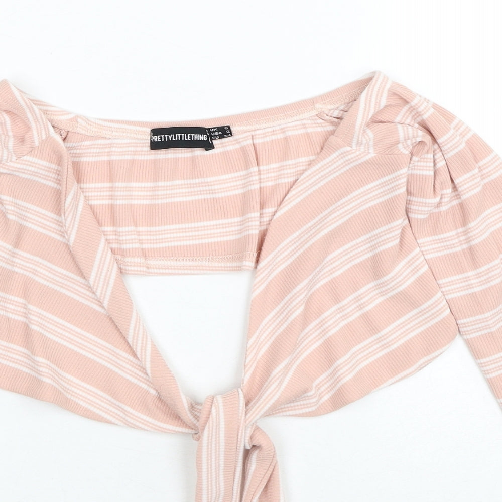 PRETTYLITTLETHING Womens Pink V-Neck Striped Polyester Pullover Jumper Size 6 - Tie Front