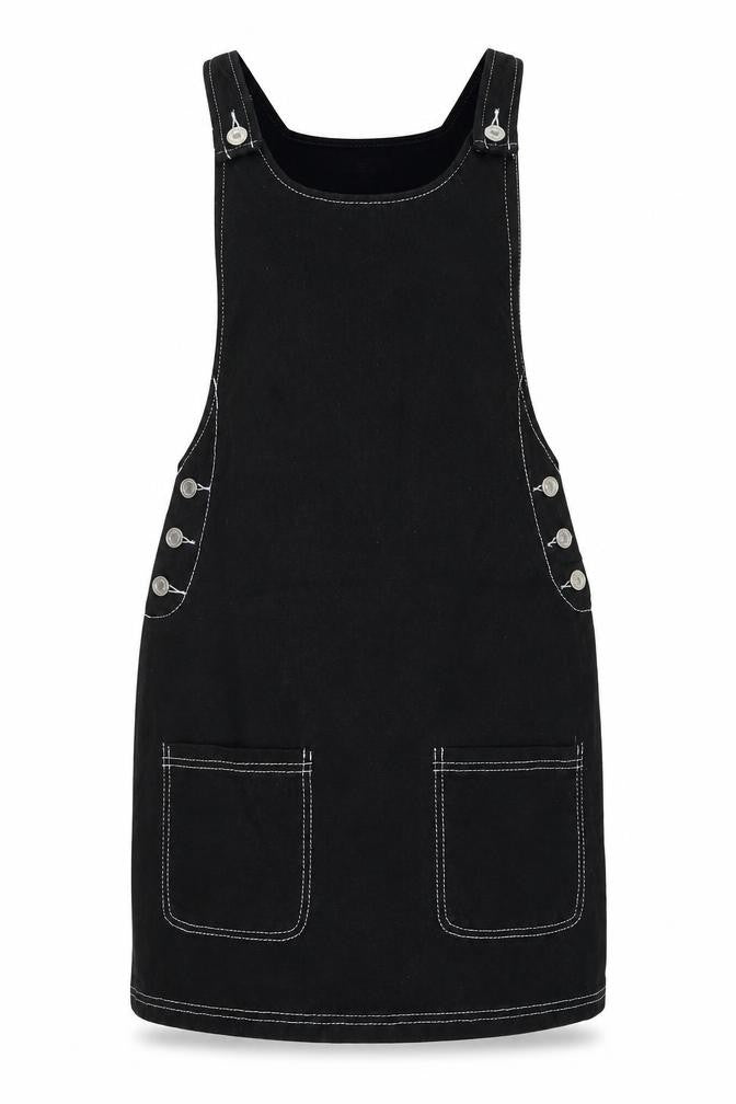 Missguided Womens Black Cotton Pinafore/Dungaree Dress Size 6 Scoop Neck Button - Contrast Stitching