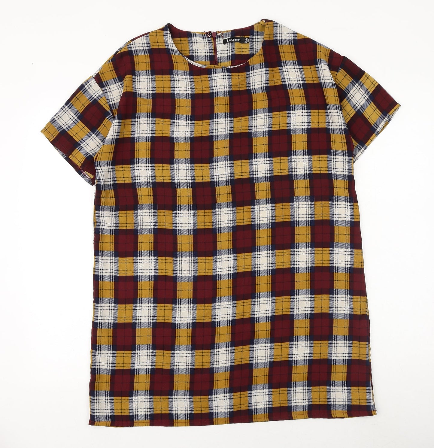 Boohoo Womens Red Plaid Polyester T-Shirt Dress Size 12 Round Neck Zip