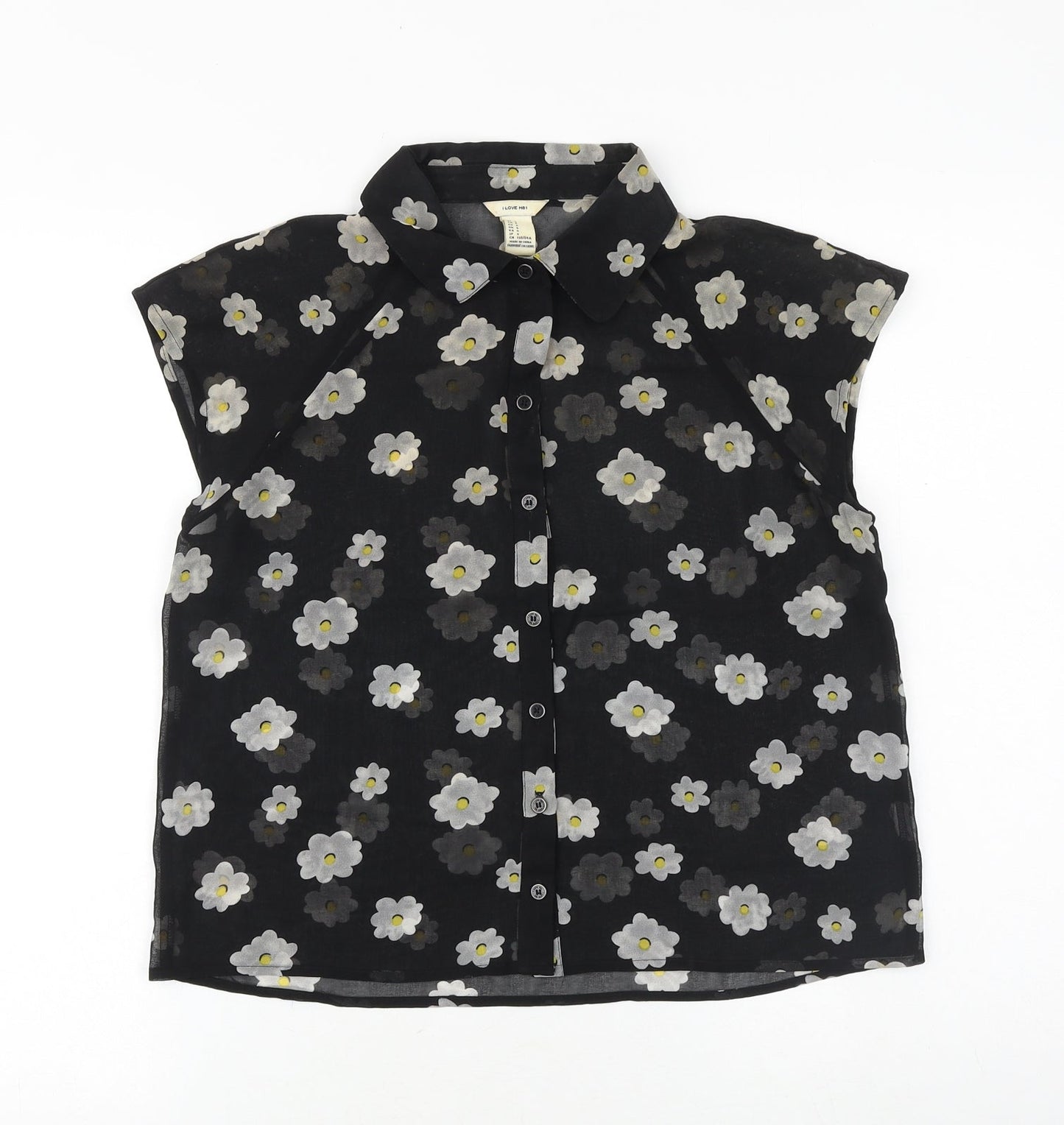 I Love HB1 Womens Black Floral Polyester Basic Button-Up Size S Collared