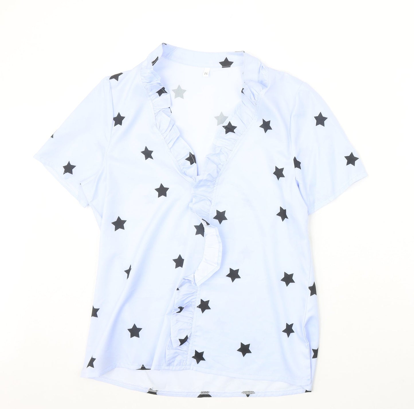 Preworn Womens Blue Geometric Polyester Basic Blouse Size M V-Neck - Stars