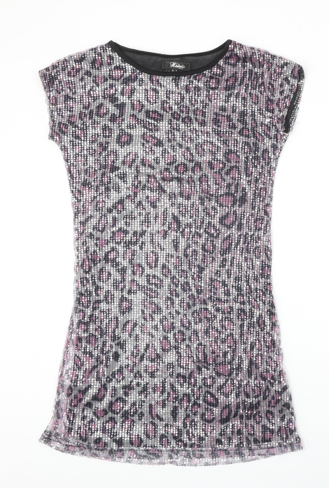 Heaven Womens Silver Animal Print Polyester T-Shirt Dress Size 8 Round Neck Pullover - Leopard Pattern