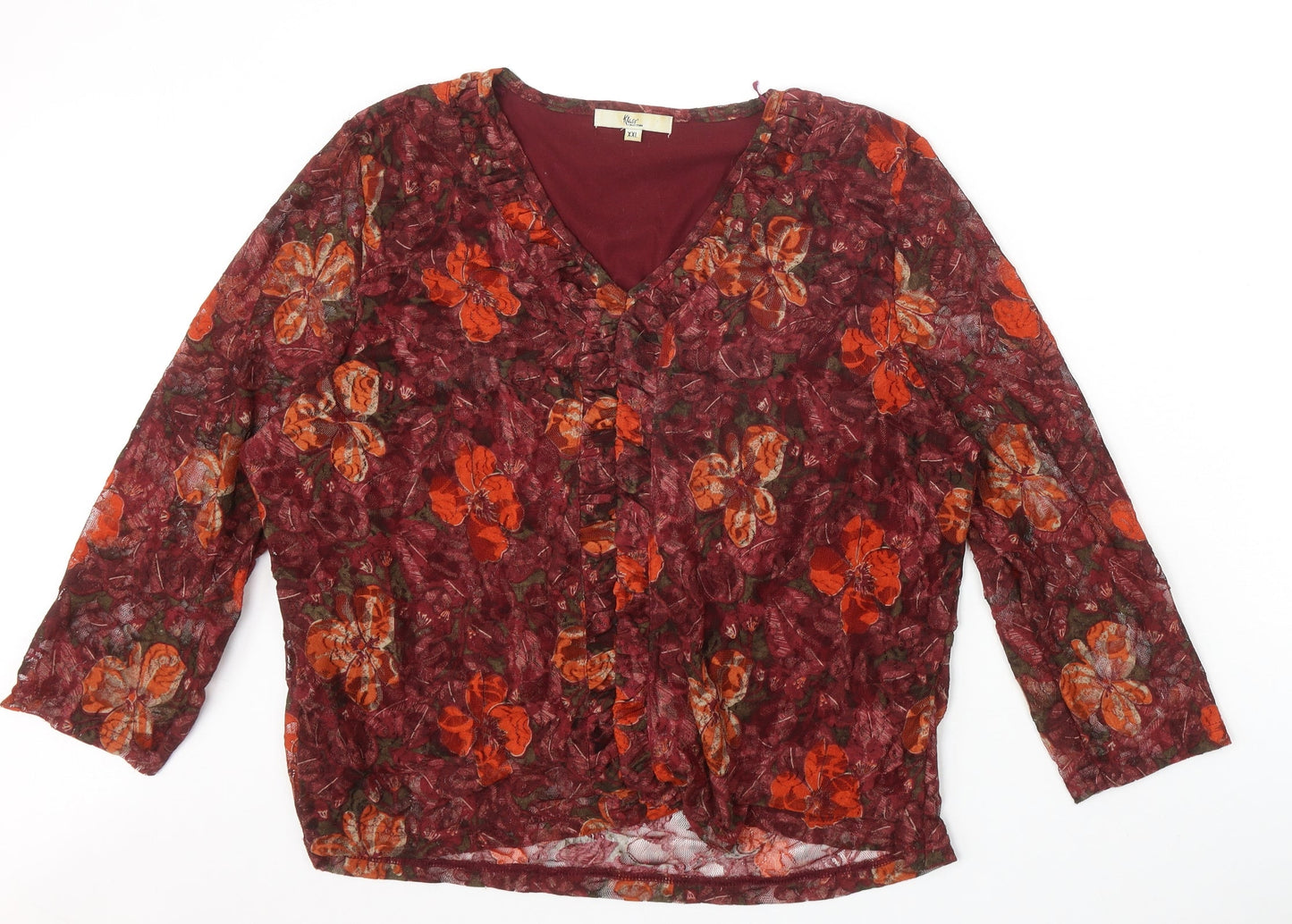 Klass Womens Red Floral Nylon Basic Blouse Size 2XL V-Neck