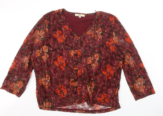 Klass Womens Red Floral Nylon Basic Blouse Size 2XL V-Neck