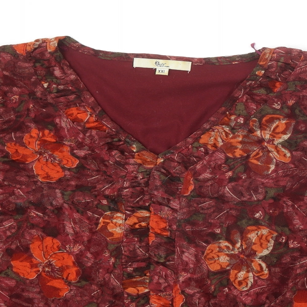 Klass Womens Red Floral Nylon Basic Blouse Size 2XL V-Neck