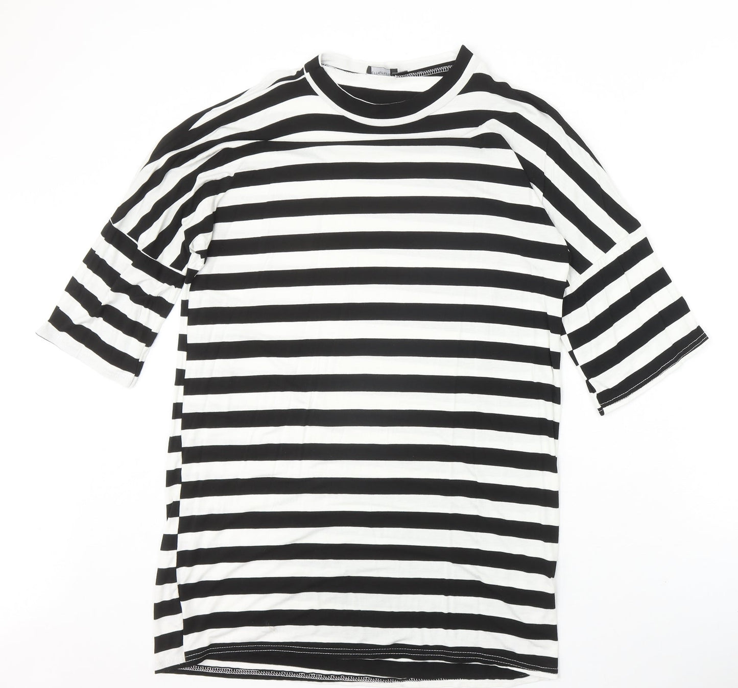 PRETTYLITTLETHING Womens Black Striped Viscose Basic Blouse Size 10 Round Neck