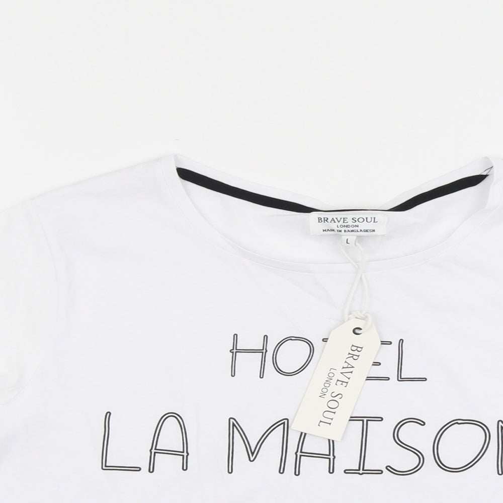 Brave Soul Womens White Cotton Basic T-Shirt Size L Round Neck - Hotel La Maison