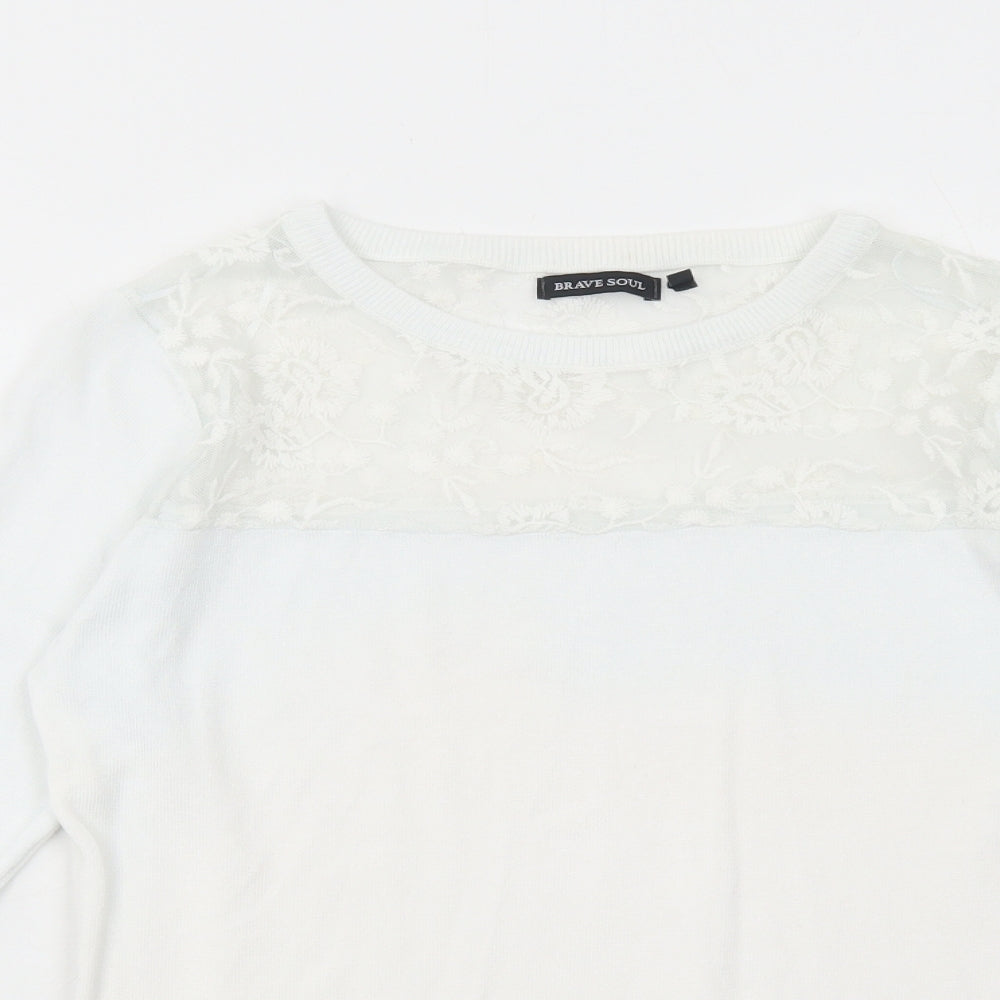 Brave Soul Womens White Boat Neck Viscose Pullover Jumper Size 14 - Lace Detail