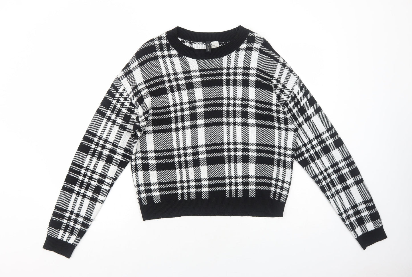 H&M Womens Black Boat Neck Plaid Acrylic Pullover Jumper Size M