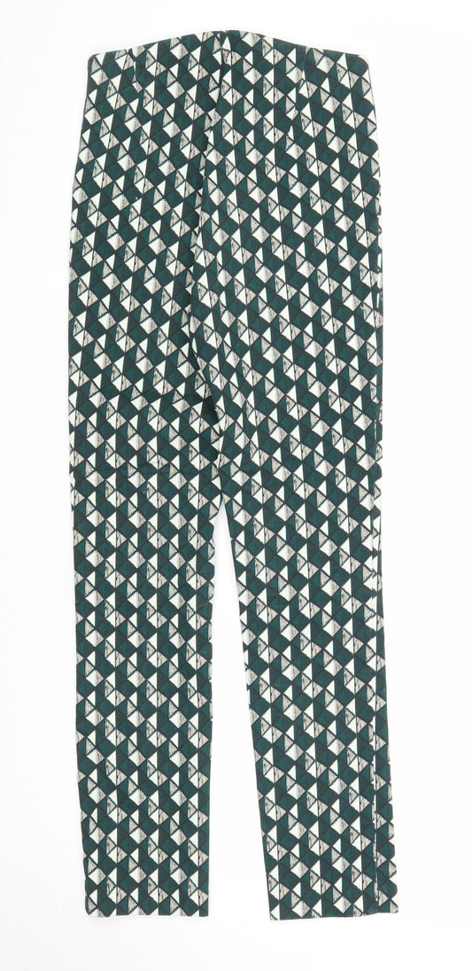 H&M Womens Green Geometric Cotton Trousers Size 6 Regular Zip