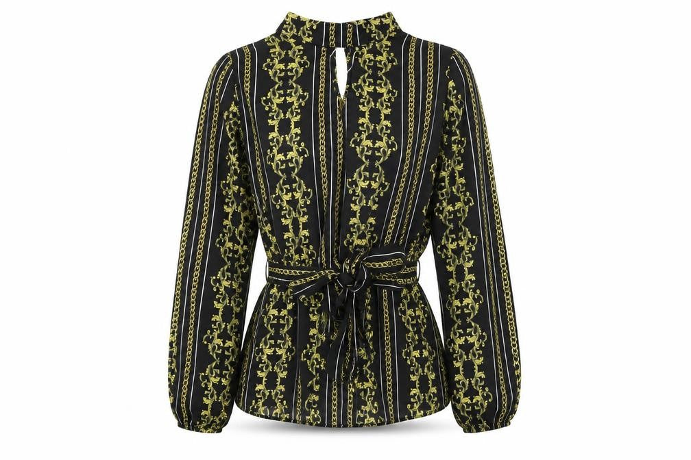 Select Womens Black Geometric Polyester Basic Blouse Size 10 Mock Neck - Keyhole Neck