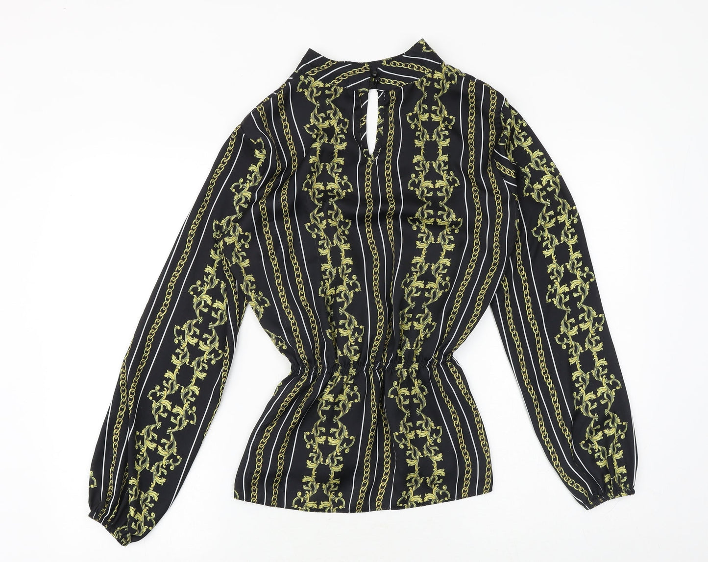 Select Womens Black Geometric Polyester Basic Blouse Size 10 Mock Neck - Keyhole Neck