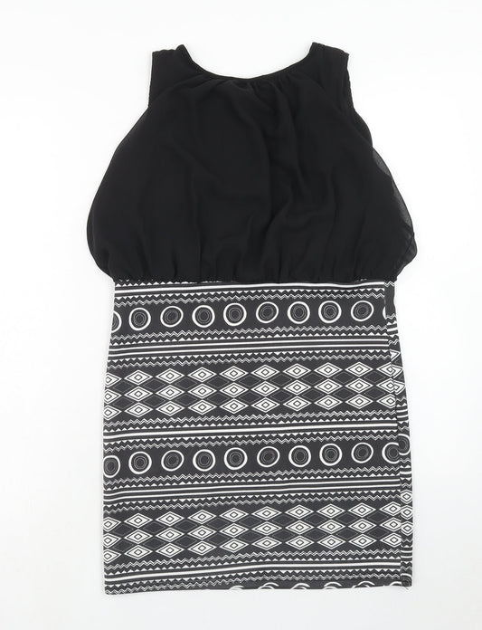 First Love Womens Black Geometric Polyester Shift Size 14 Round Neck Pullover