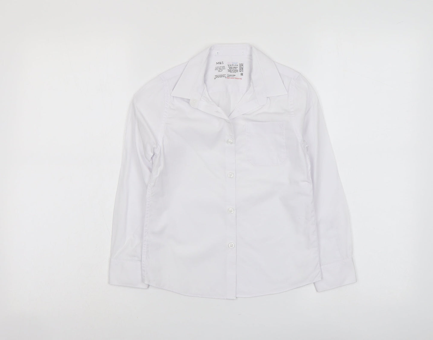 Marks and Spencer Boys White Cotton Basic Button-Up Size 7-8 Years Collared Button