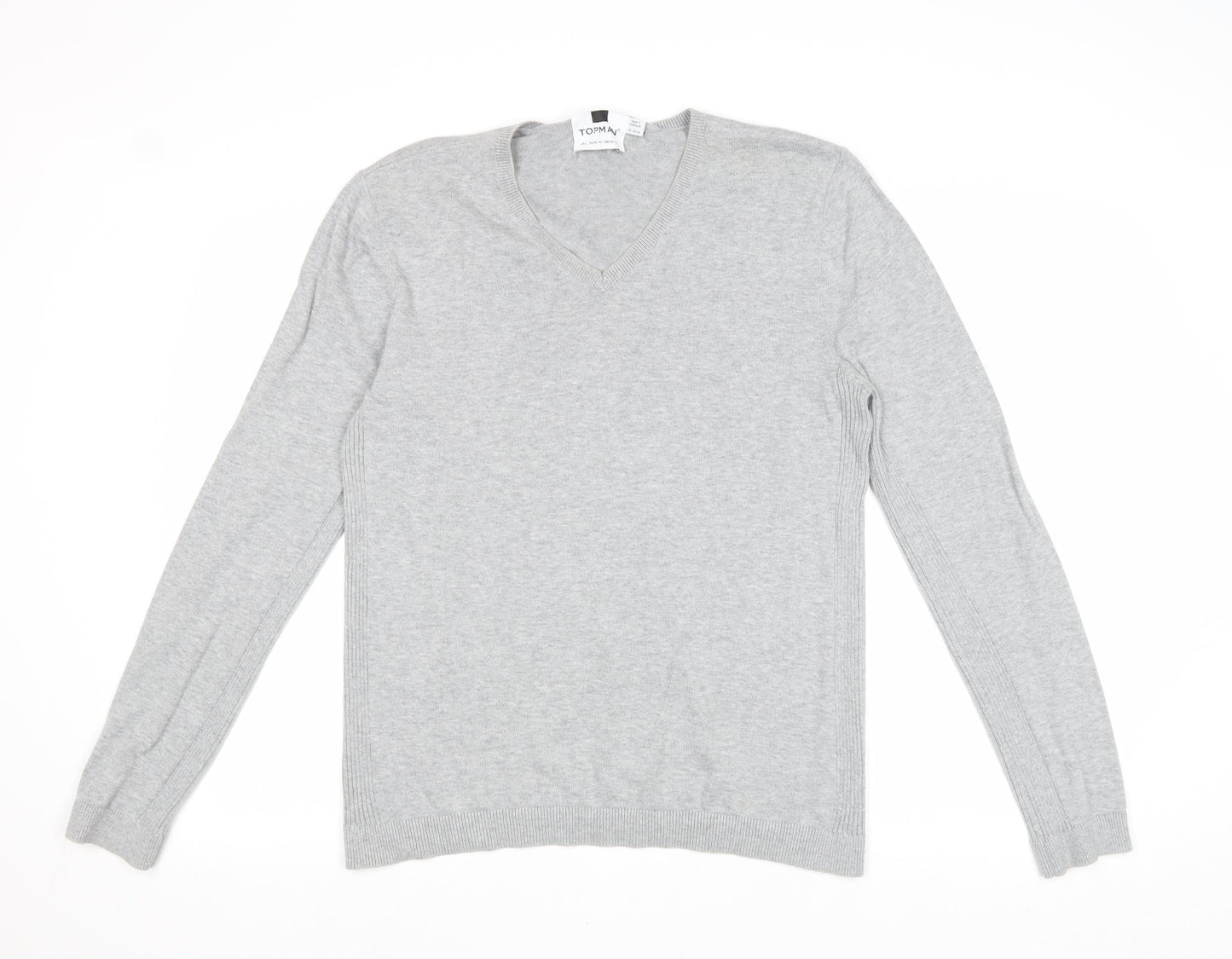 Topman Mens Grey V-Neck Acrylic Pullover Jumper Size L Long Sleeve