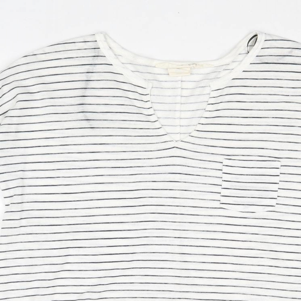 L.O.G.G Womens White V-Neck Striped Polyester Pullover Jumper Size M