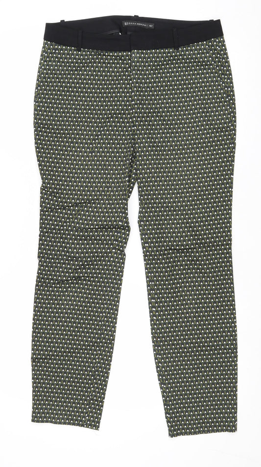 Zara Womens Black Geometric Cotton Trousers Size M Regular Zip
