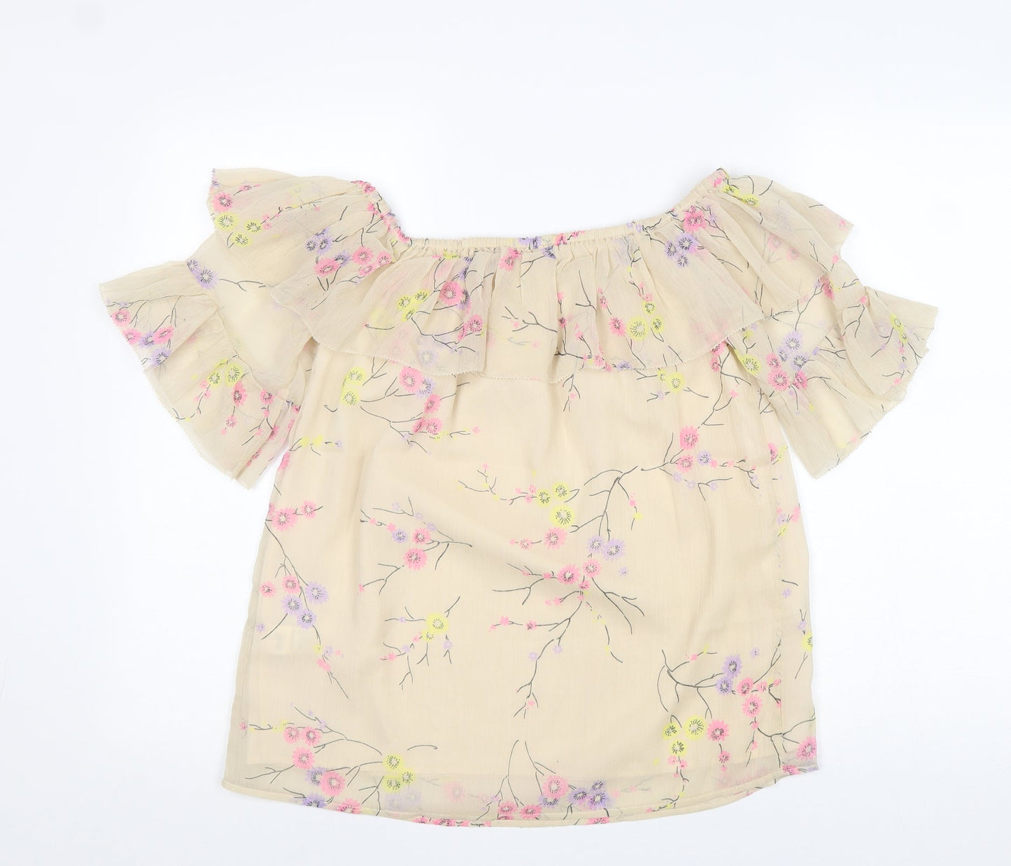 River Island Womens Beige Floral Polyester Basic Blouse Size 8 Boat Neck