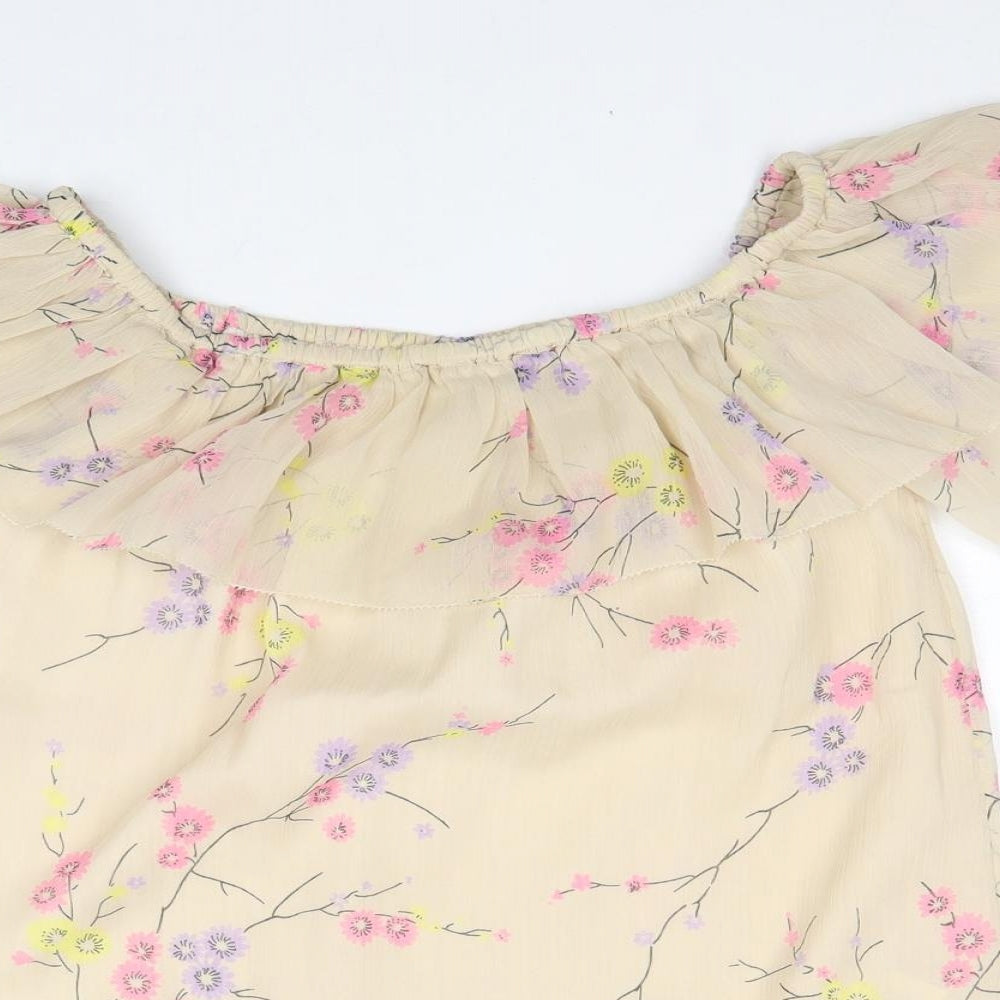 River Island Womens Beige Floral Polyester Basic Blouse Size 8 Boat Neck