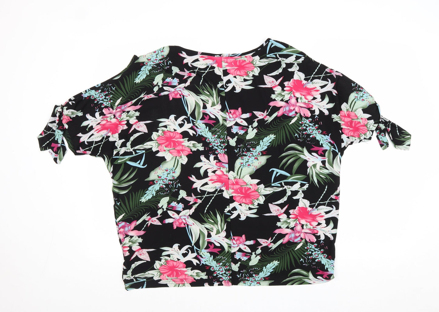 Emeliax Womens Black Floral Polyester Basic T-Shirt Size 16 Round Neck
