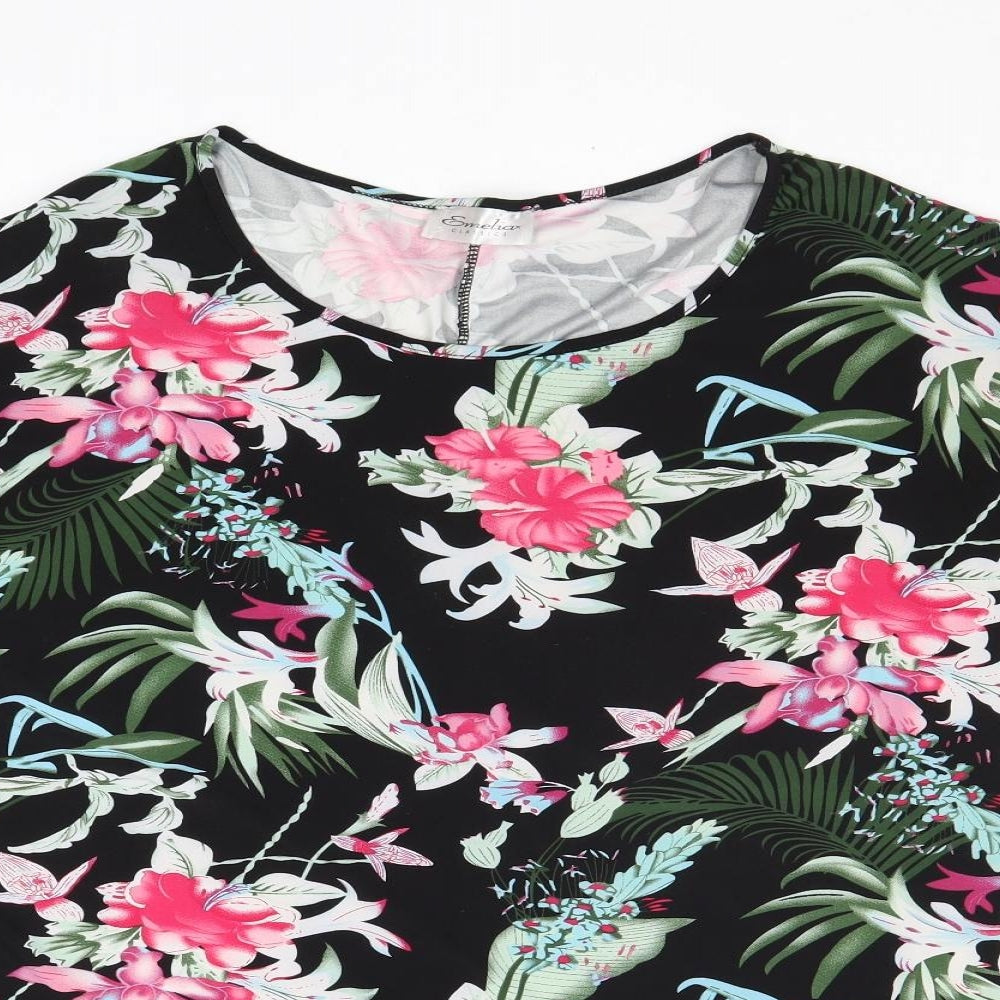 Emeliax Womens Black Floral Polyester Basic T-Shirt Size 16 Round Neck