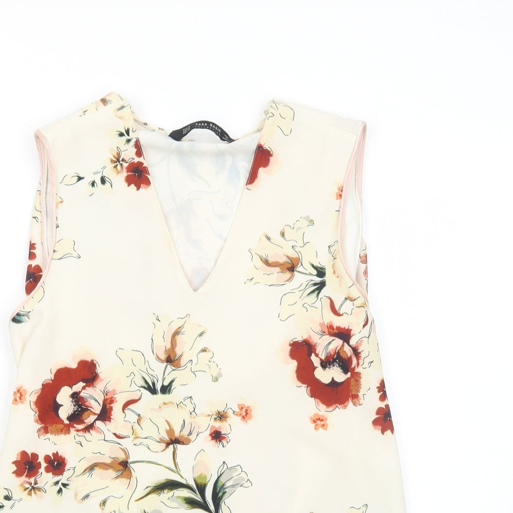 Zara Womens Ivory Floral Polyester Basic Tank Size XS V-Neck - Open Back