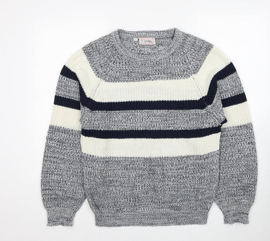 Gratis Mens Grey Round Neck Striped Acrylic Pullover Jumper Size S Long Sleeve