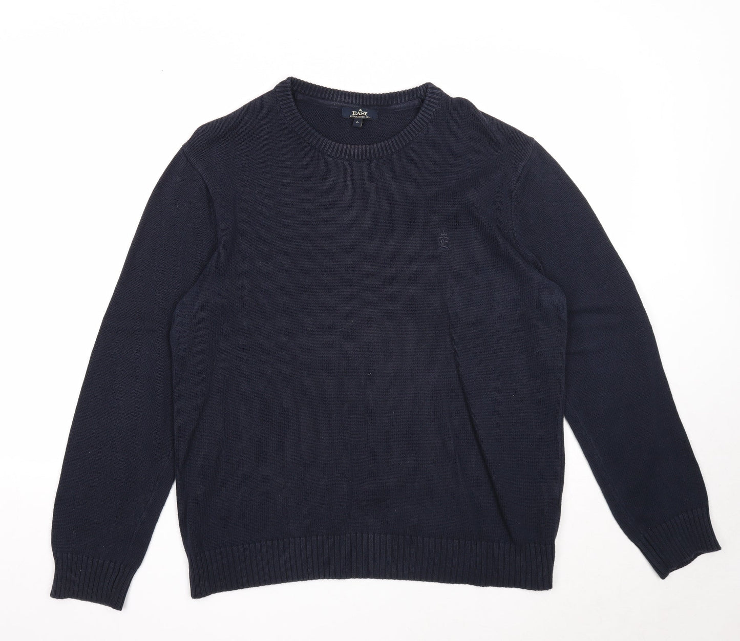 Easy Mens Blue Round Neck Cotton Pullover Jumper Size L Long Sleeve