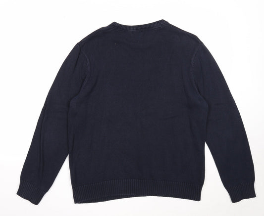 Easy Mens Blue Round Neck Cotton Pullover Jumper Size L Long Sleeve