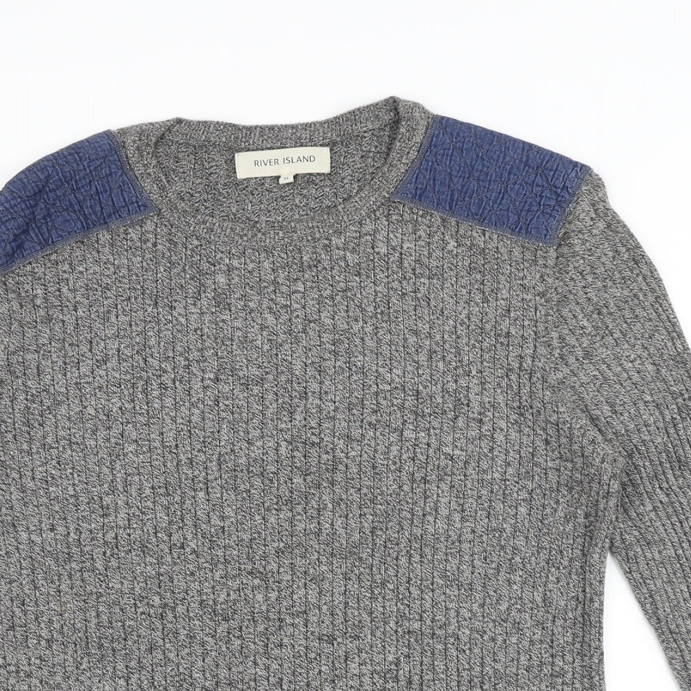 River Island Mens Grey Round Neck Cotton Pullover Jumper Size XL Long Sleeve
