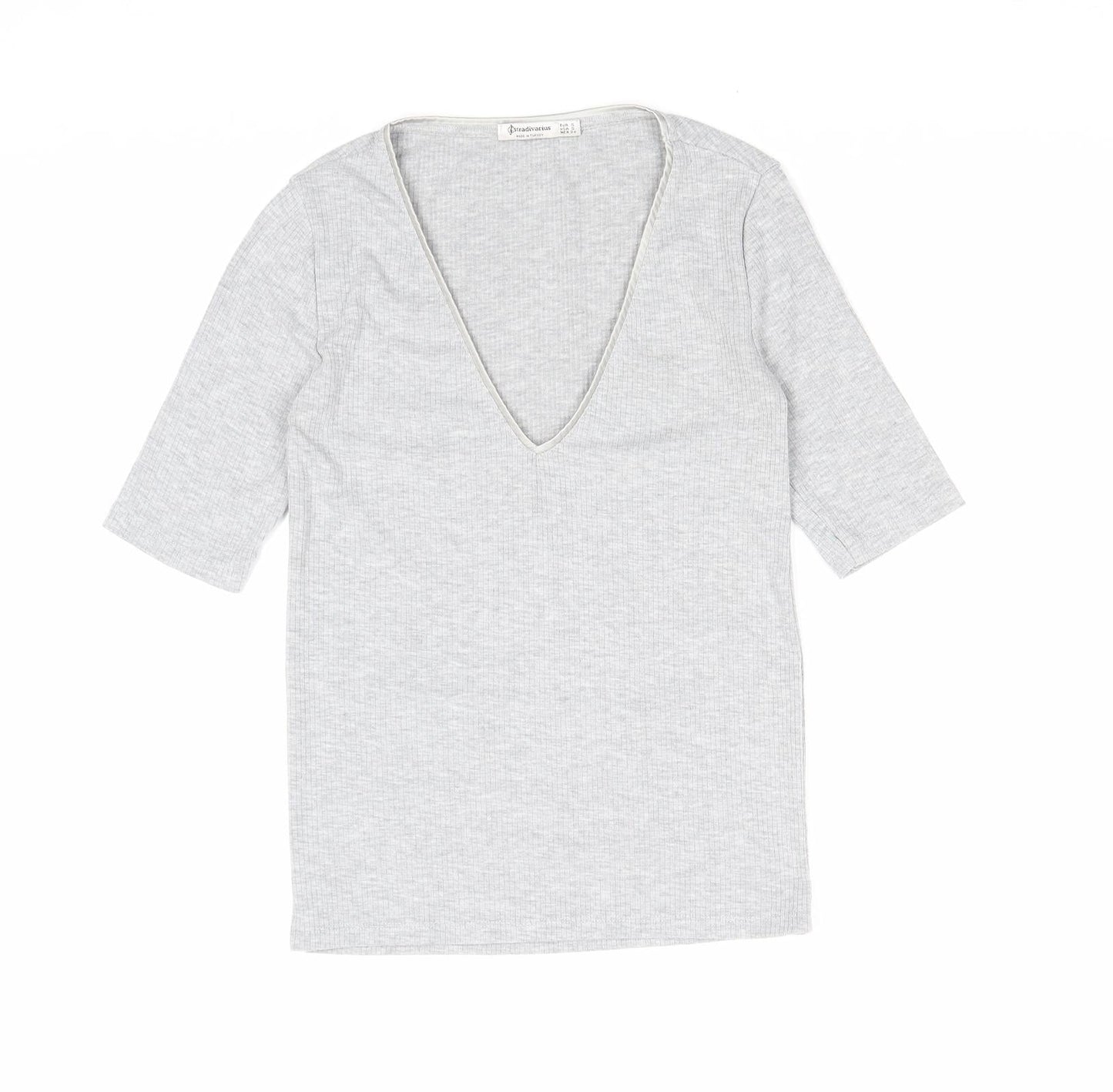 Stradivarius Womens Grey Polyester Basic T-Shirt Size S V-Neck