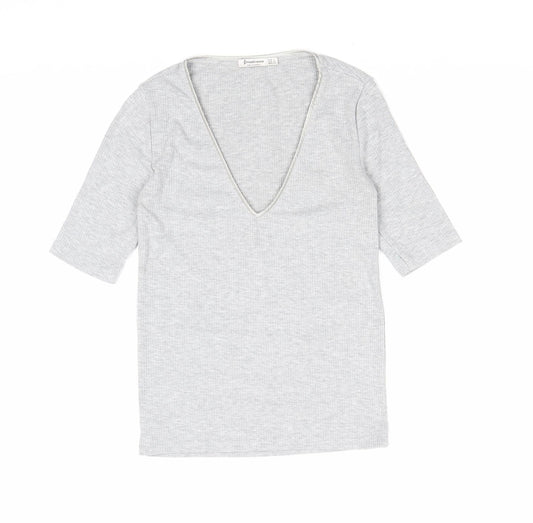 Stradivarius Womens Grey Polyester Basic T-Shirt Size S V-Neck