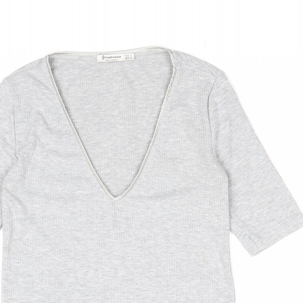 Stradivarius Womens Grey Polyester Basic T-Shirt Size S V-Neck