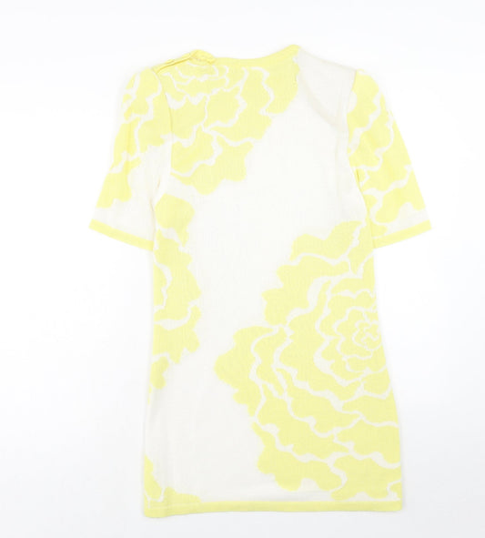 Media Womens Yellow Geometric Acrylic T-Shirt Dress Size 10 Roll Neck Button