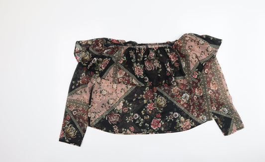 Stradivarius Womens Black Floral Polyester Basic Blouse Size L Off the Shoulder