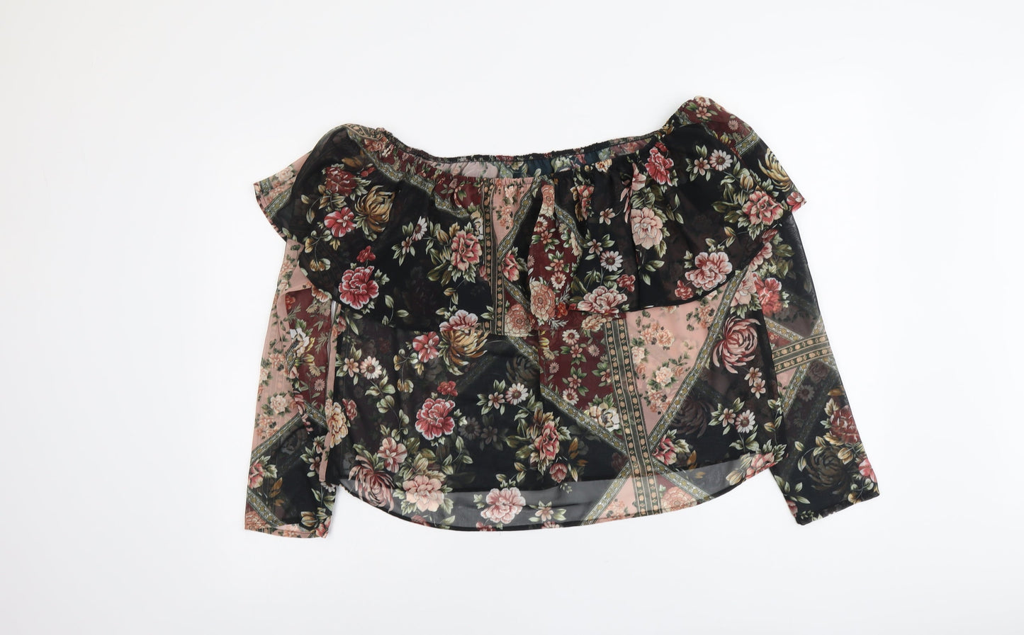 Stradivarius Womens Black Floral Polyester Basic Blouse Size L Off the Shoulder