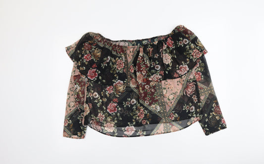 Stradivarius Womens Black Floral Polyester Basic Blouse Size L Off the Shoulder