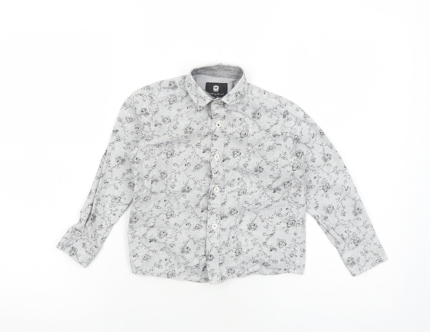 Steel & Jelly Boys Grey Floral Cotton Basic Button-Up Size 5-6 Years Collared Button