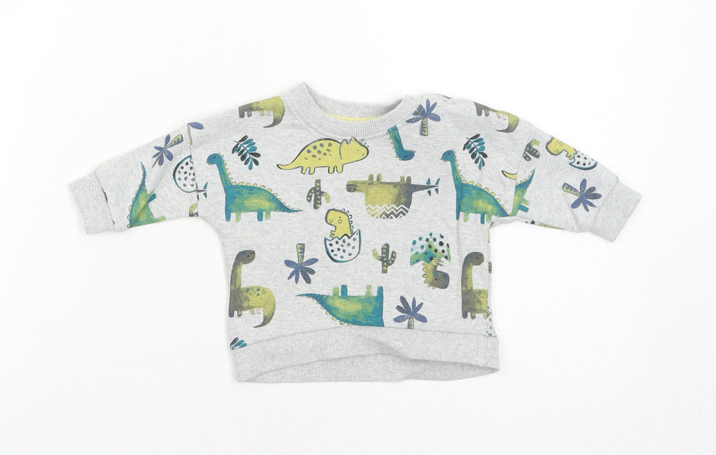 Nutmeg Boys Grey Cotton Pullover Button-Up Size 0-3 Months Round Neck Snap - Dinosaur, Cactus