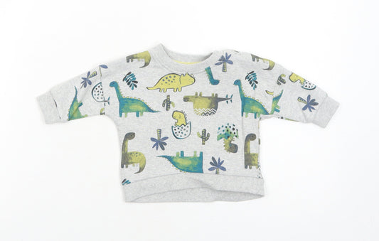 Nutmeg Boys Grey Cotton Pullover Button-Up Size 0-3 Months Round Neck Snap - Dinosaur, Cactus