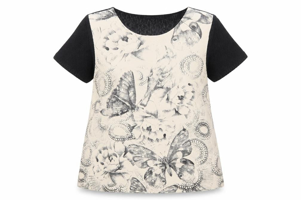Marks and Spencer Womens Beige Geometric Acrylic Basic Blouse Size 10 Boat Neck - Butterfly Pattern