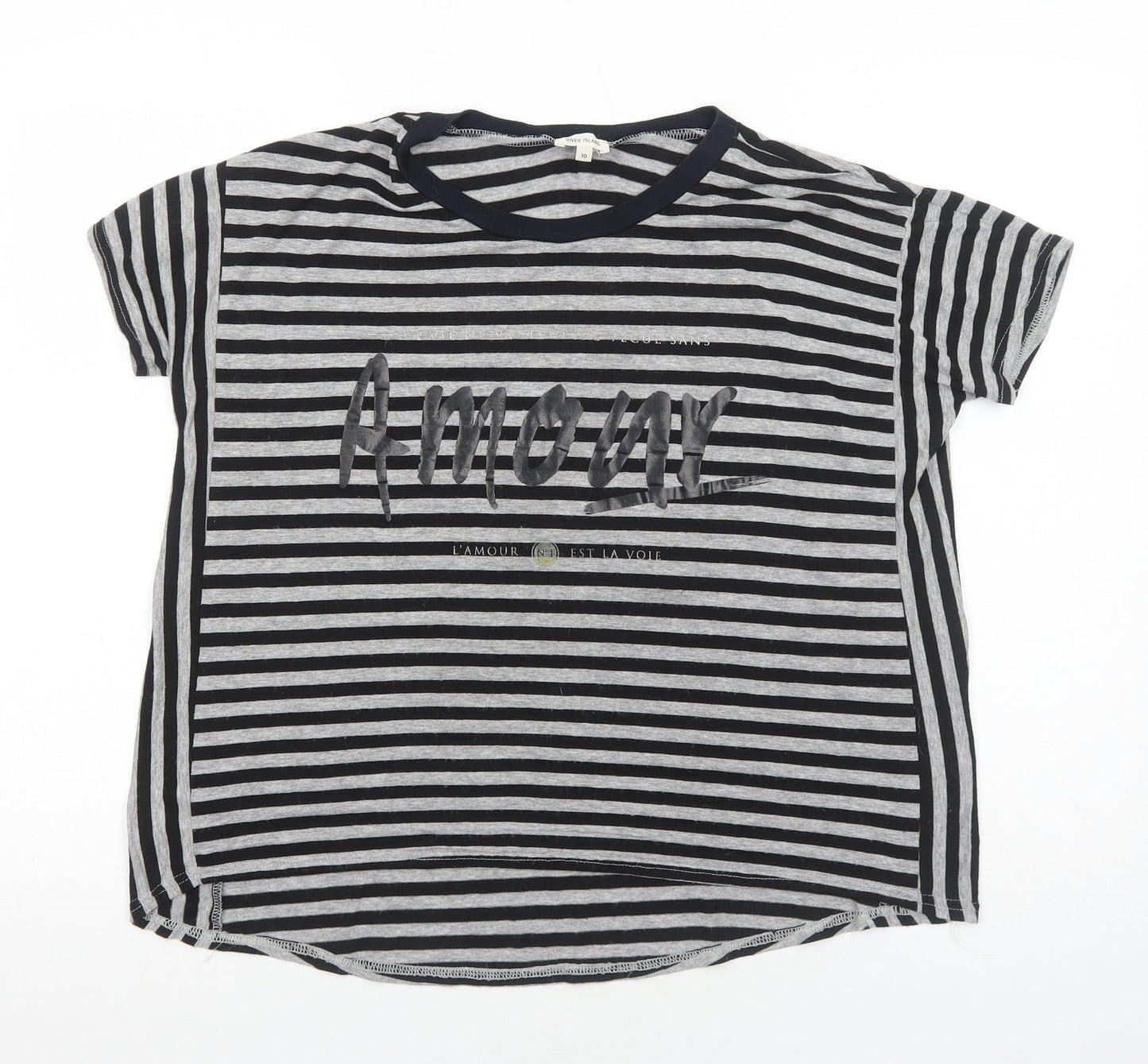 River Island Womens Grey Striped Viscose Basic T-Shirt Size 10 Round Neck - Amour