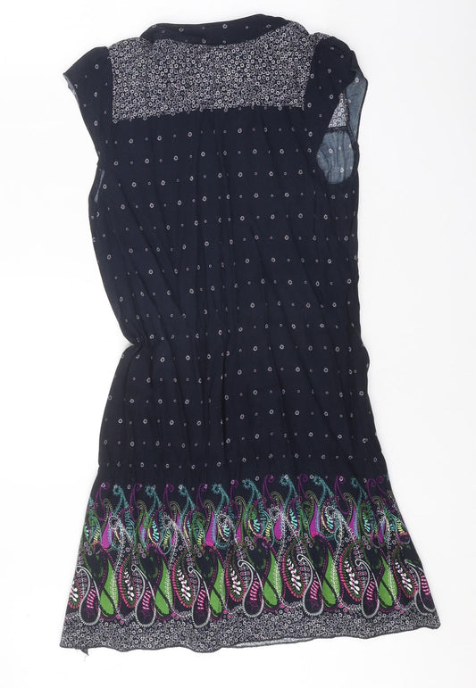 Glassons Womens Black Geometric Viscose A-Line Size 10 V-Neck Button