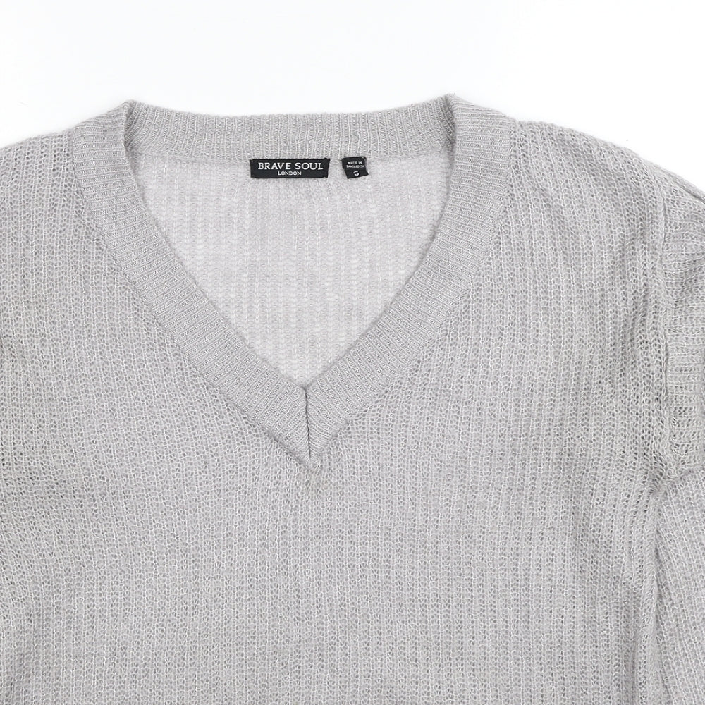Brave Soul Womens Grey V-Neck Acrylic Pullover Jumper Size S