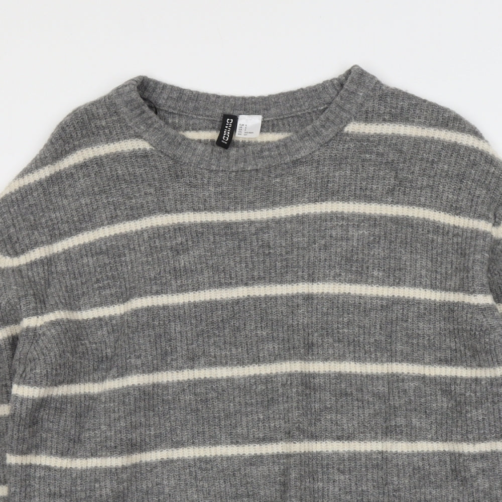 H&M Womens Grey Round Neck Striped Acrylic Pullover Jumper Size S