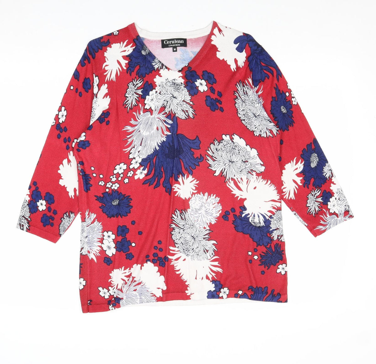 Cerulean Womens Red V-Neck Floral Viscose Pullover Jumper Size M