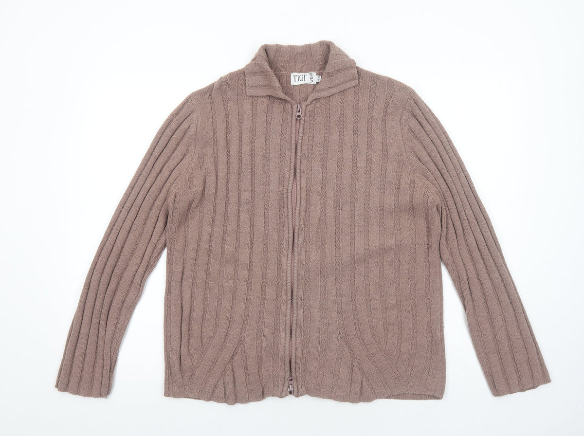 TIGI Womens Brown Collared Acrylic Full Zip Jumper Size 14