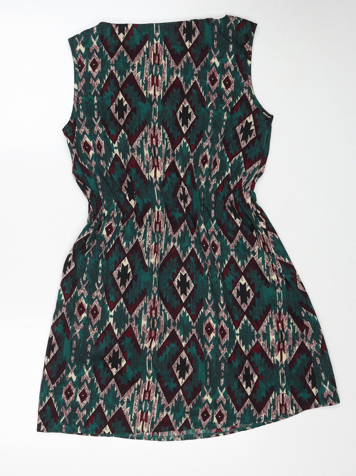 Mela London Womens Green Geometric Polyester A-Line Size 8 Round Neck Zip