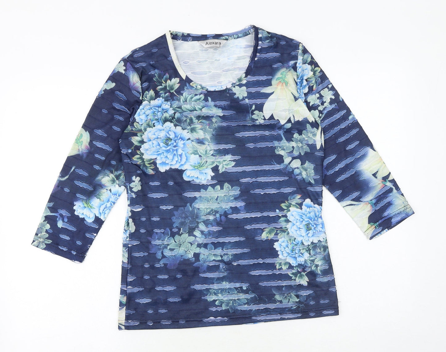 Alexara Womens Blue Geometric Polyester Basic T-Shirt Size 10 Round Neck