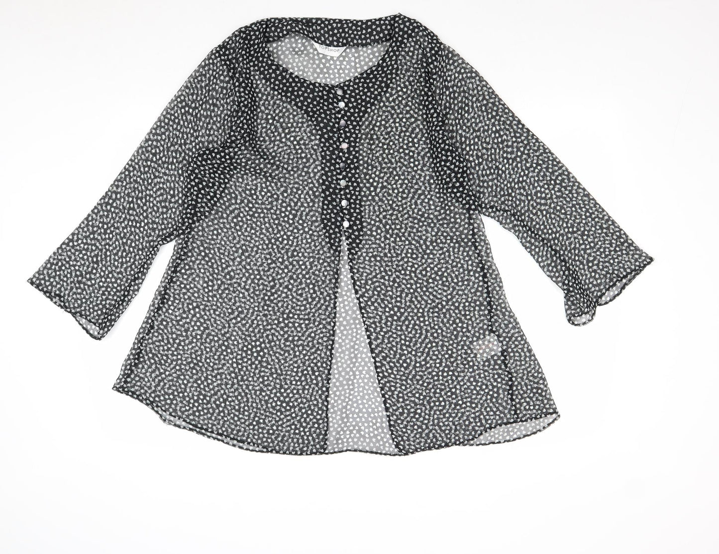 Topshop Womens Black Geometric Polyester Basic Button-Up Size 10 Round Neck - Hearts